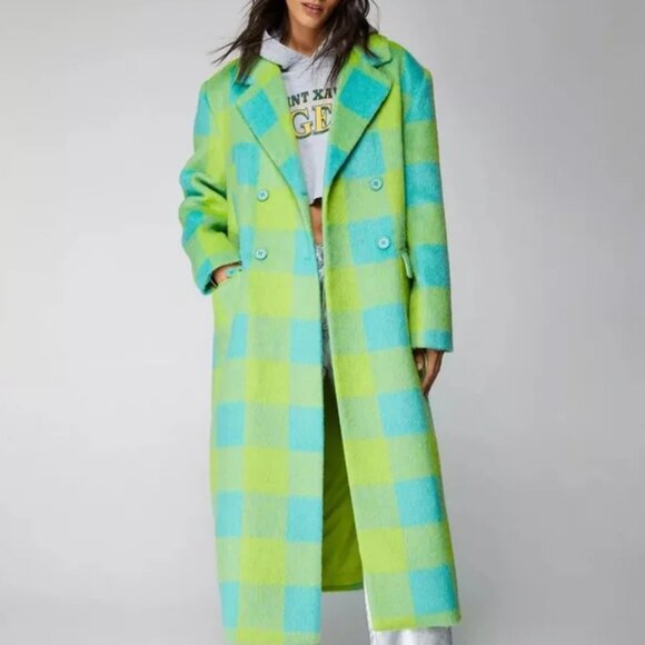 NWT Nasty Gal Premium Longline Green Plaid Coat Size 8 - Picture 1 of 5